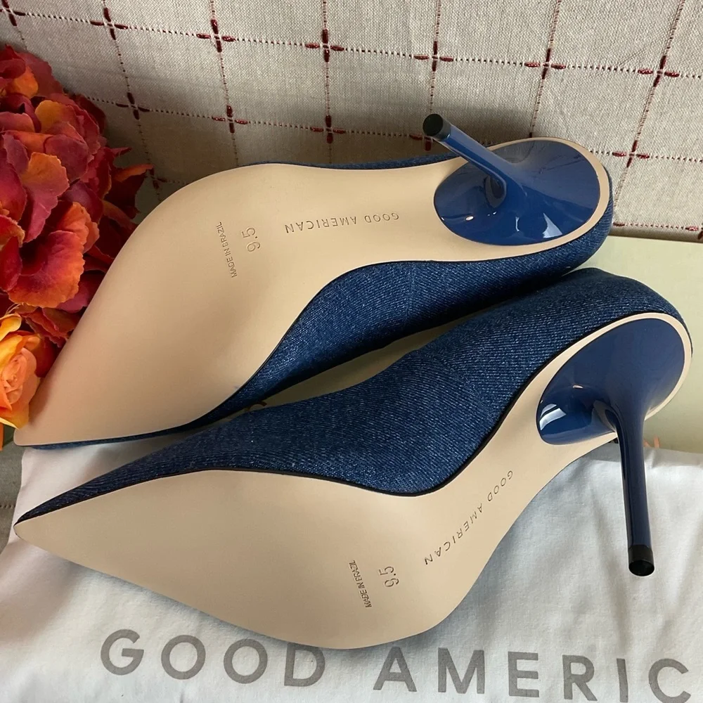 GOOD AMERICAN “Emma” Denim Heel Ultra High Blue Denim Stilettos Sz 9.5 New - Picture 5 of 7